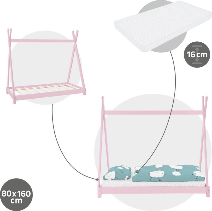Ml-design Kinderbed Tipi 80x160 cm roze van grenenhout incl. matras H-10cm houten bed met lattenbodem