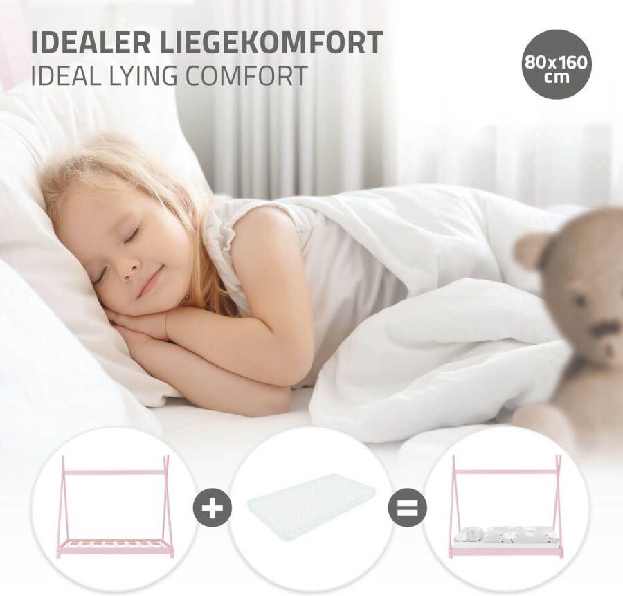 Ml-design Kinderbed Tipi 80x160 cm roze van grenenhout incl. matras H-10cm houten bed met lattenbodem - Foto 3