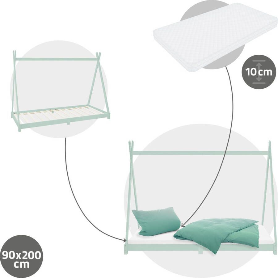 Ml-design Kinderbed Tipi 90x200 cm mint van grenenhout incl. matras H-10cm houten bed met lattenbodem