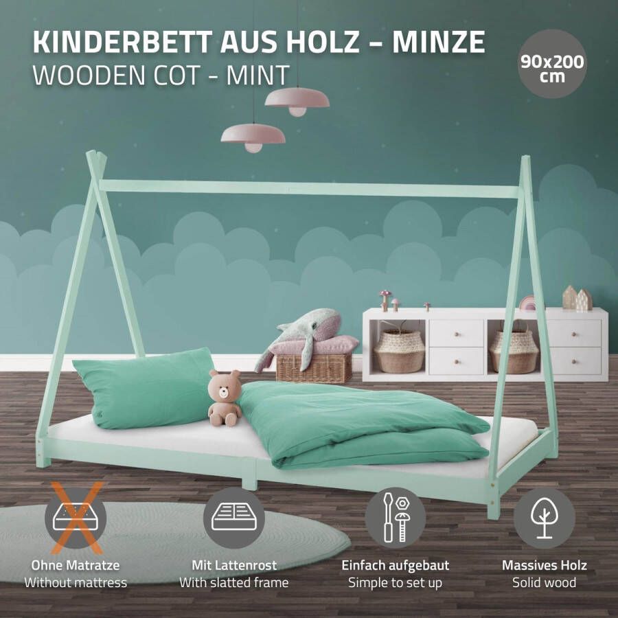 Ml-design Kinderbed Tipi 90x200 cm mint van grenenhout incl. matras H-10cm houten bed met lattenbodem - Foto 2