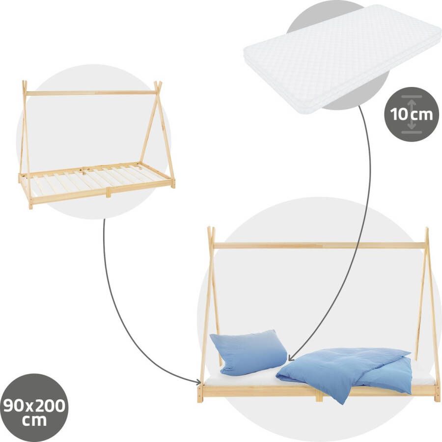 Ml-design Kinderbed Tipi 90x200 cm van grenenhout incl. matras H-10cm houten bed met lattenbodem