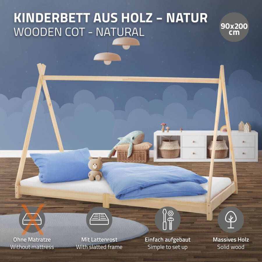 Ml-design Kinderbed Tipi 90x200 cm van grenenhout incl. matras H-16cm houten bed met lattenbodem