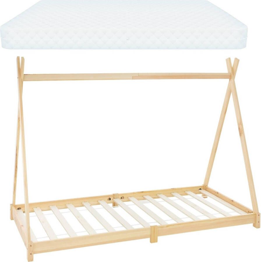 Ml-design Kinderbed Tipi 90x200 cm van grenenhout incl. matras H-16cm houten bed met lattenbodem - Foto 2