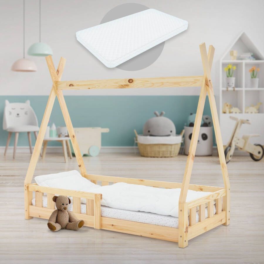 Ml-design kinderbed tipi met uitvalbeveiliging en lattenbodem 70x140 cm huisbed naturel indianenbed van massief grenen hout kinderhuis jeugdbed houten bed huis speelbed kinderbed tent 70x140 cm naturel van grenen hout