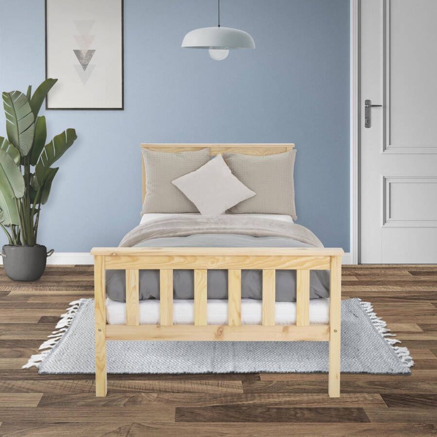 Ml-design Houten bedframe 90x200 cm van grenenhout met lattenbodem hoofdbord en voeteneind