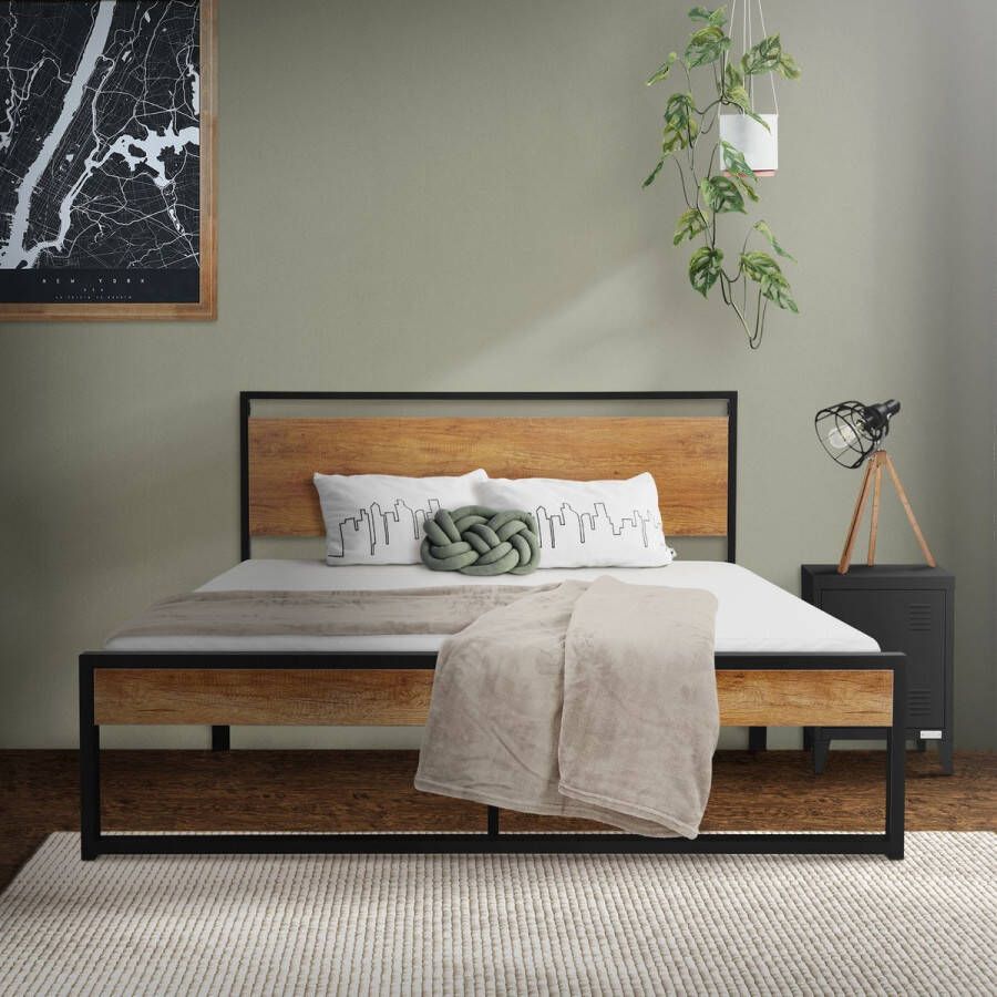 Ml-design metalen bed 140x200 cm met lattenbodem bedframe met houten hoofdbord en voeteneind zwartbruin staal rustiek bedframe bed voor slaapkamer gastenkamer eenpersoonsbed logeerbed jeugdbed