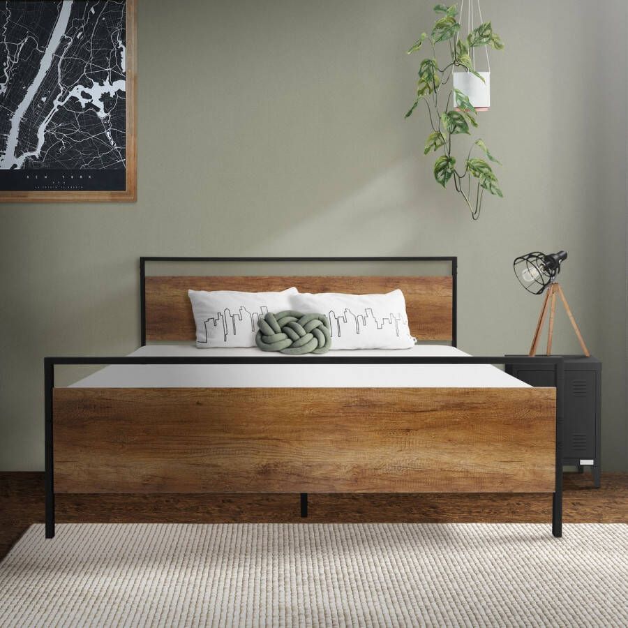 Ml-design metalen bed 140x200 cm met lattenbodem bedframe met houten hoofdbord en voeteneind zwartbruin staal rustiek bedframe bed voor slaapkamer gastenkamer tweepersoonsbed eenpersoonsbed - Foto 2