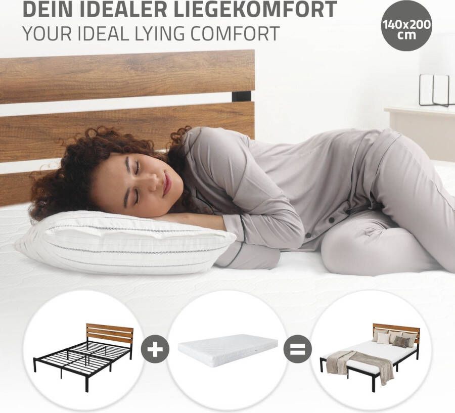 Ml-design metalen bed 140x200 cm met lattenbodem bedframe met houten hoofdeinde zwartbruin staal rustiek bedombouw bed voor slaapkamer gastenkamer eenpersoonsbed tweepersoonsbed logeerbed - Foto 2