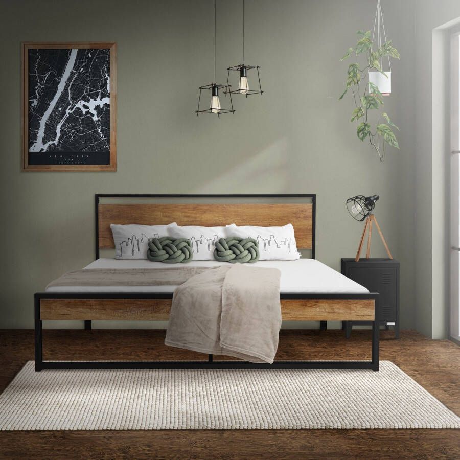 Ml-design metalen bed 160x200 cm met lattenbodem bedframe met houten hoofdbord en voeteneind zwartbruin staal rustiek bedframe bed voor slaapkamer gastenkamer eenpersoonsbed logeerbed jeugdbed