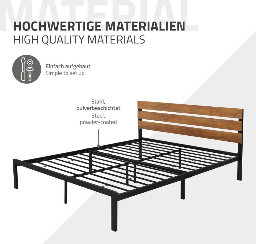 Ml-design metalen bed 160x200 cm met lattenbodem bedframe met houten hoofdeinde zwartbruin staal rustiek bedombouw bed voor slaapkamer gastenkamer eenpersoonsbed tweepersoonsbed logeerbed
