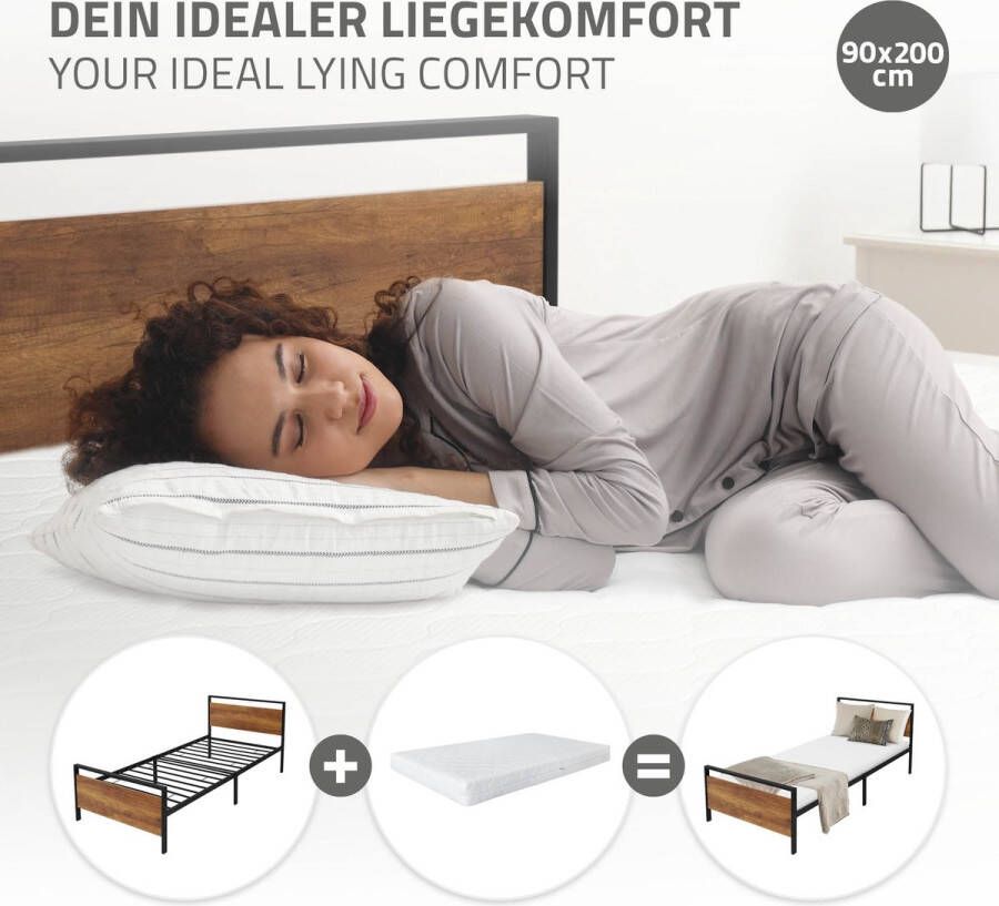 Ml-design metalen bed 90x200 cm met lattenbodem bedframe met houten hoofdbord en voeteneind zwartbruin staal rustiek bedframe bed voor slaapkamer gastenkamer eenpersoonsbed logeerbed jeugdbed - Foto 3