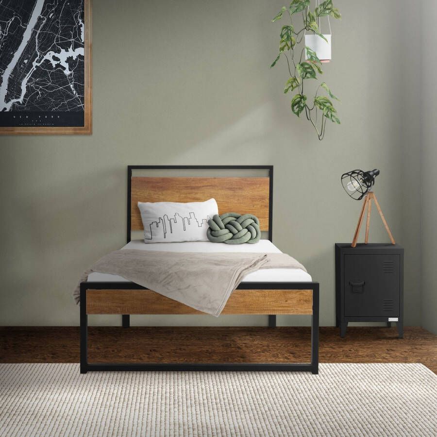 Ml-design metalen bed 90x200 cm met lattenbodem bedframe met houten hoofdbord en voeteneind zwartbruin staal rustiek bedframe bed voor slaapkamer gastenkamer eenpersoonsbed logeerbed jeugdbed