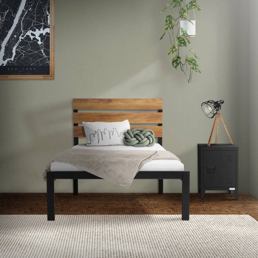 Ml-design metalen bed 90x200 cm met lattenbodem bedframe met houten hoofdeinde zwartbruin gemaakt van staal rustiek stevig bedframe bed voor slaapkamer gastenkamer eenpersoonsbed logeerbed - Foto 3