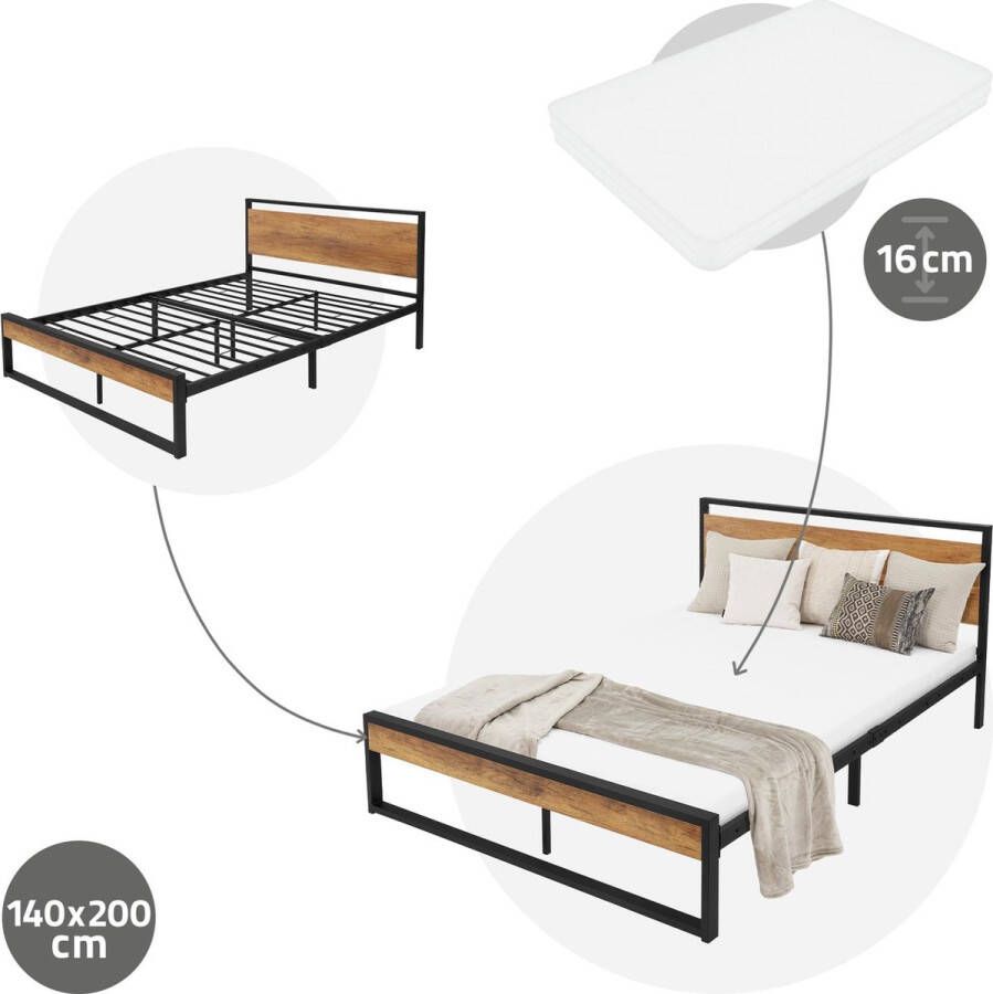 Ml-design Metalen bed 140x200 cm incl. matras H:16cm zwart bruin Bedframe 208 x 50 5 80 5 x 144 cm met houten hoofdbord & voeteneind - Foto 2