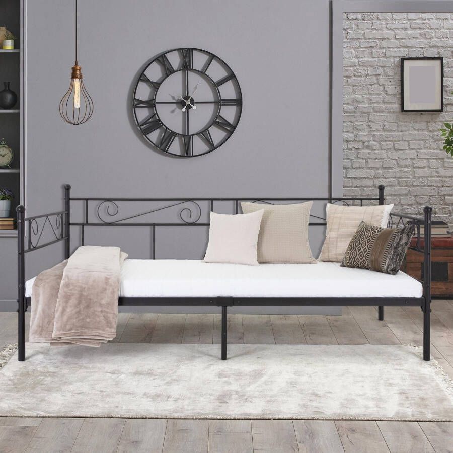 Ml-design metalen bed zwart 90x200 cm op stalen frame met hoofdbord en voeteneind