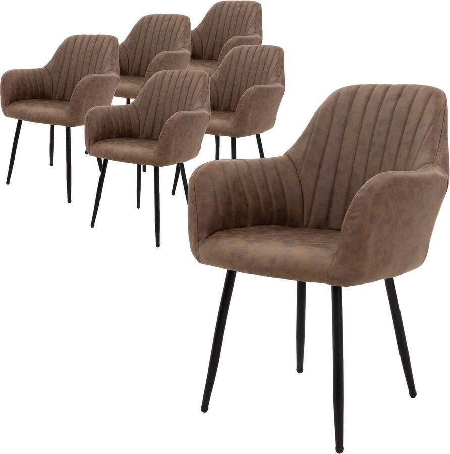 Ml-design set van 6 eetkamerstoelen met rugleuning en armleuningen bruin keukenstoelen met PU kunstlederen bekleding gestoffeerde stoelen met metalen poten ergonomische woonkamerstoelen Stoel