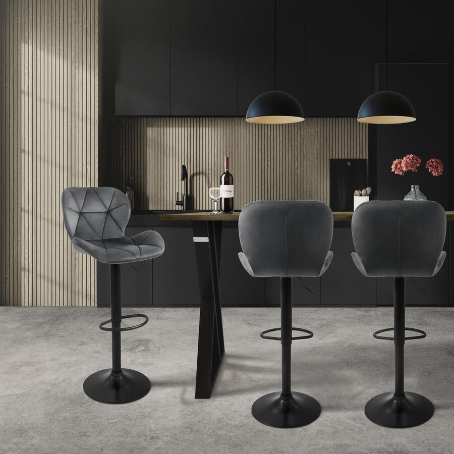 Ml-design barkruk set van 4 fluwelen bekleding grijs gestoffeerde barkruk met rugleuning en voetensteun baliekruk in hoogte verstelbaar 63-83cm 360° draaibaar bistro kruk draaibare barkruk barstoelen - Foto 2