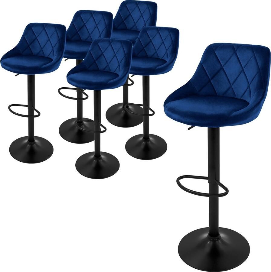 Ml-design barkruk set van 6 fluwelen bekleding blauw gestoffeerde barkruk met rugleuning en voetensteun barkruk in hoogte verstelbaar 62-82 cm 360° draaibaar bistrokruk draaibare barkrukken