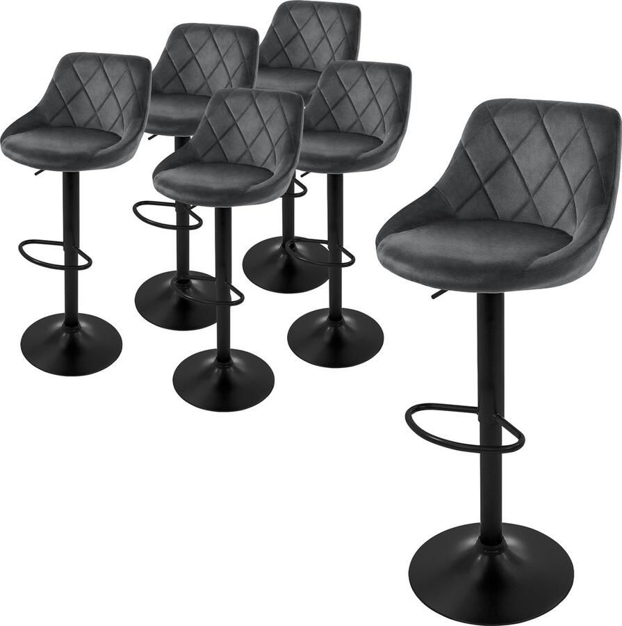 Ml-design barkruk set van 6 fluwelen bekleding grijs gestoffeerde barkruk met rugleuning en voetensteun barkruk in hoogte verstelbaar 62-82 cm 360° draaibaar bistrostoel draaistoel barstoelen