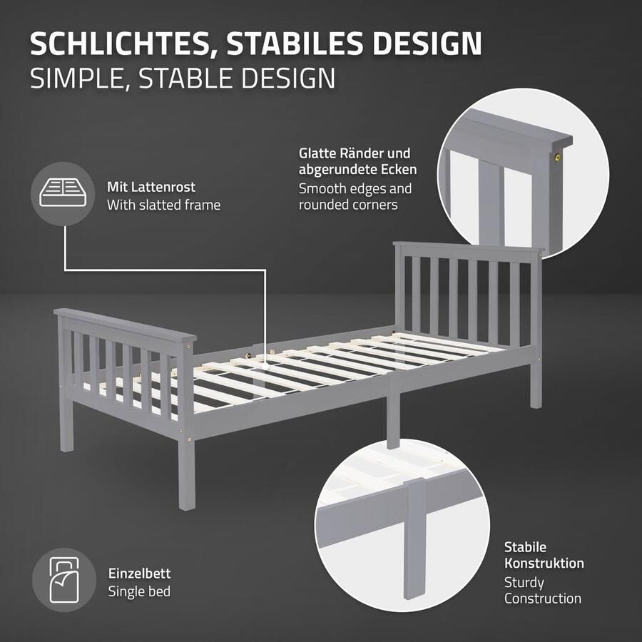 Ml-design Bedframe houten bed 90x200 cm lichtgrijs gemaakt van grenenhout incl. matras H-10cm met lattenbodem en hoofd- en voeteneind