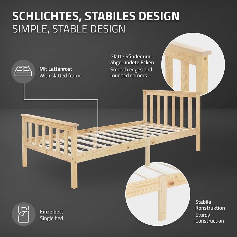 Ml-design Houten bedframe 90x200 cm van grenenhout met lattenbodem hoofdbord en voeteneind - Foto 2