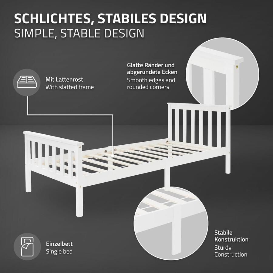 Ml-design Bedframe houten bed 90x200 cm wit gemaakt van grenenhout incl. matras H-16cm met lattenbodem en hoofd- en voeteneind