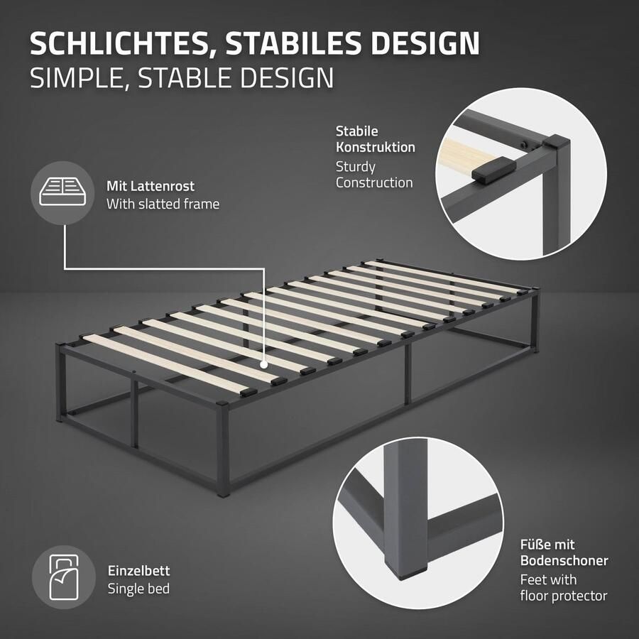 Ml-design Bedframe eenpersoonsbed metalen bed 90x200 cm antraciet incl. matras H-16cm met lattenbodem