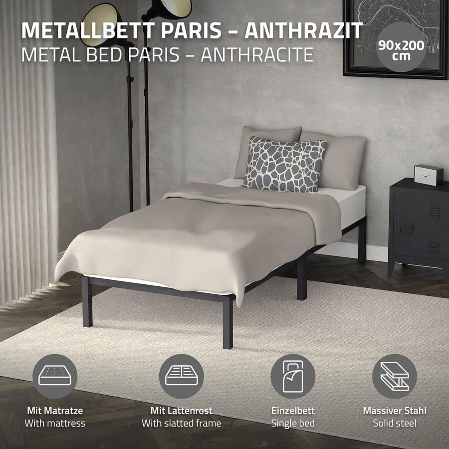 Ml-design Bedframe eenpersoonsbed metalen bed 90x200 cm antraciet incl. matras H-16cm met lattenbodem - Foto 2