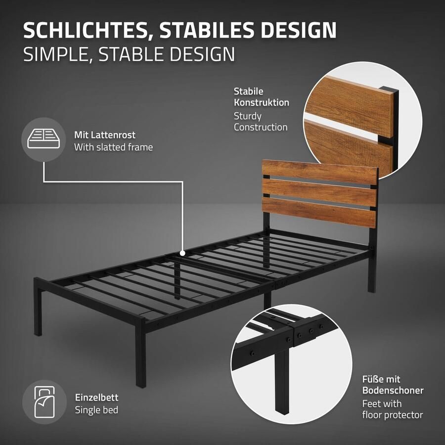 Ml-design metalen bed 90x200 cm met lattenbodem bedframe met houten hoofdeinde zwartbruin gemaakt van staal rustiek stevig bedframe bed voor slaapkamer gastenkamer eenpersoonsbed logeerbed