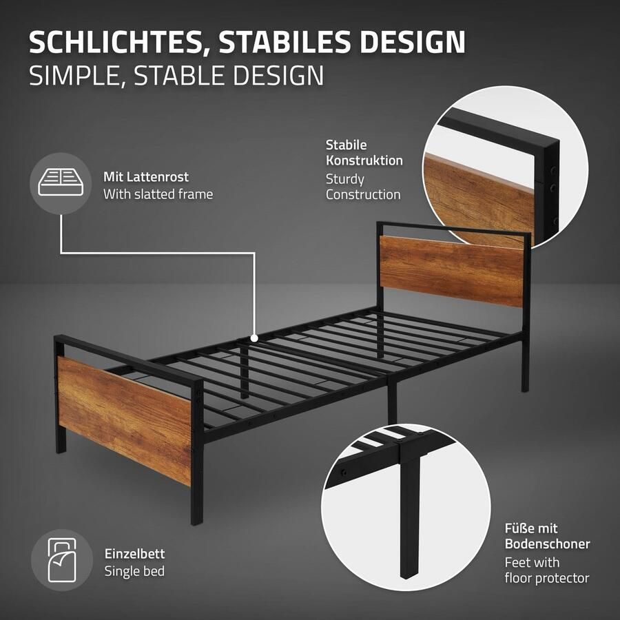 Ml-design metalen bed 90x200 cm met matras H:16 cm & lattenbodem bedframe met houten hoofdbord en voeteneind zwartbruin staal bedframe voor slaapkamer gastenkamer eenpersoonsbed logeerbed jeugdbed