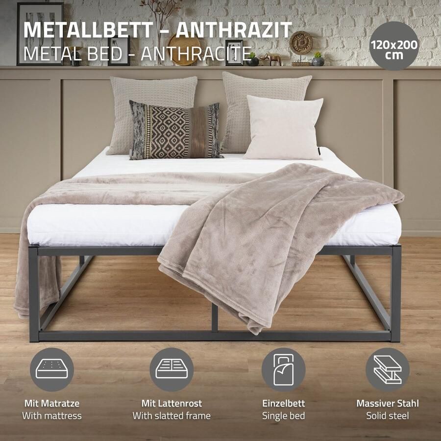 Ml-design Bedframe eenpersoonsbed metalen bed 120x200 cm antraciet incl. matras H-16cm met lattenbodem