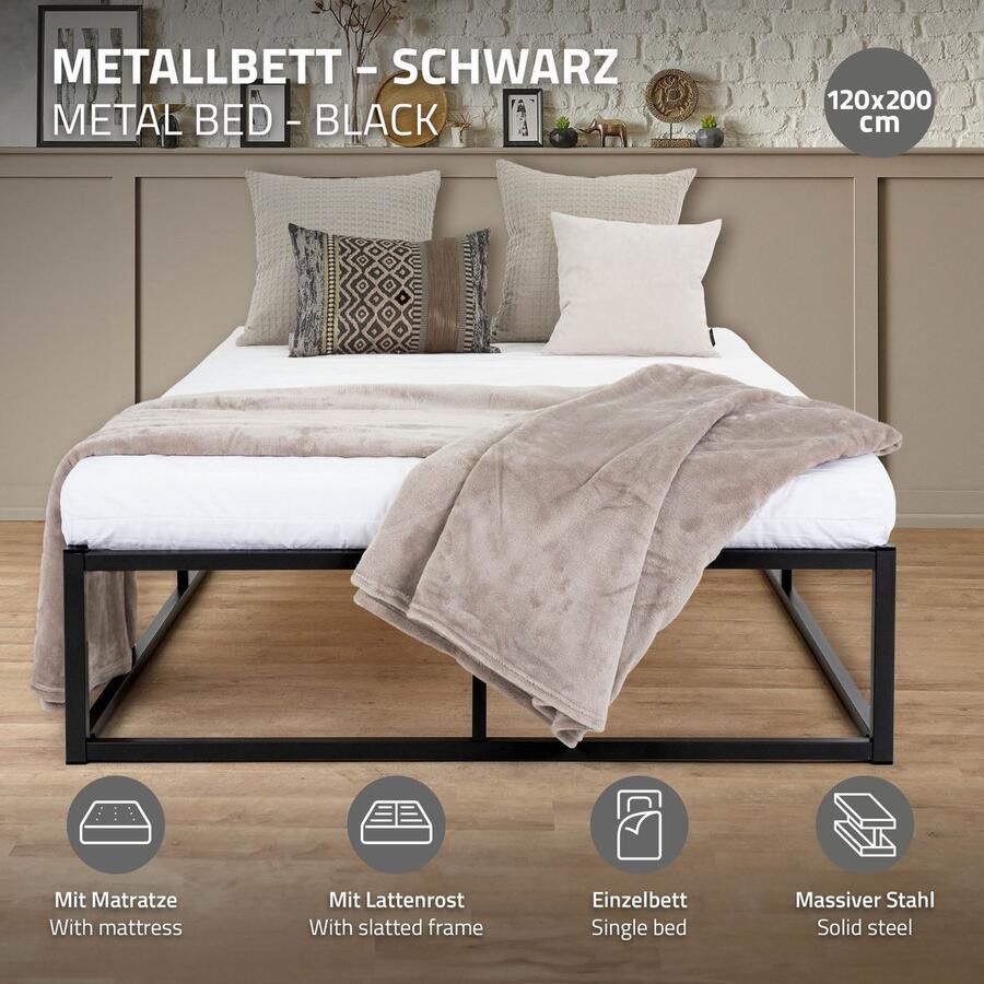Ml-design Bedframe eenpersoonsbed metalen bed 120x200 cm zwart incl. matras H-16cm met lattenbodem