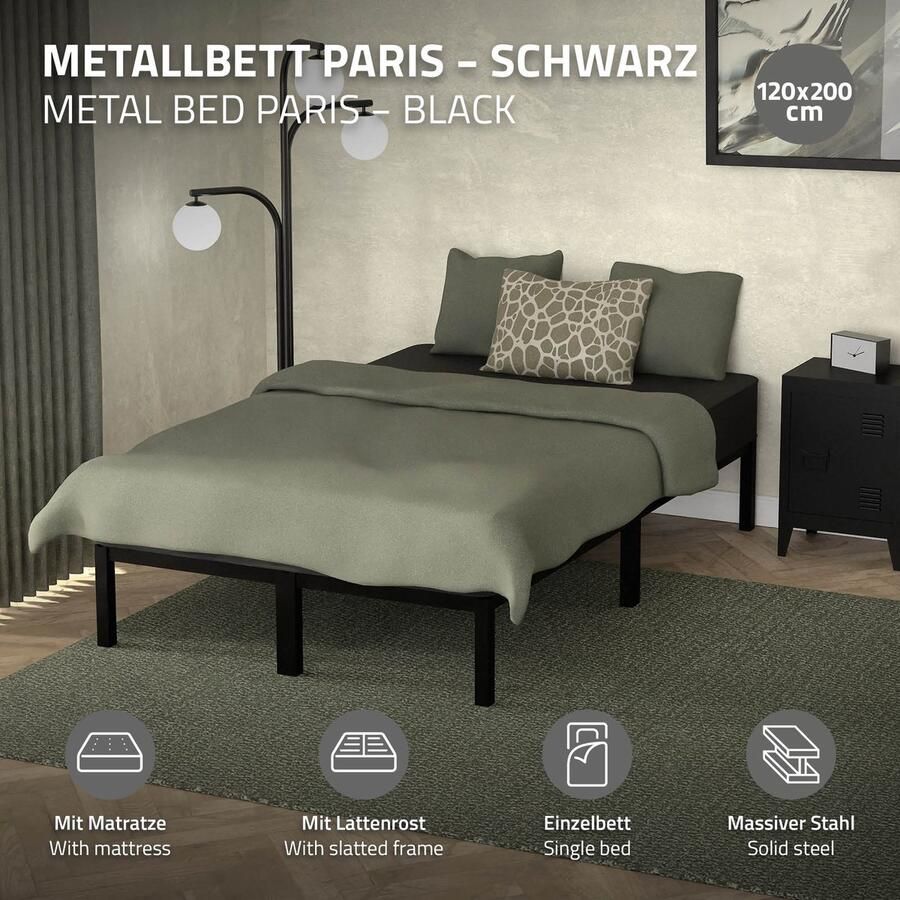 Ml-design Bedframe eenpersoonsbed metalen bed 120x200 cm zwart incl. matras H-16cm met lattenbodem - Foto 3