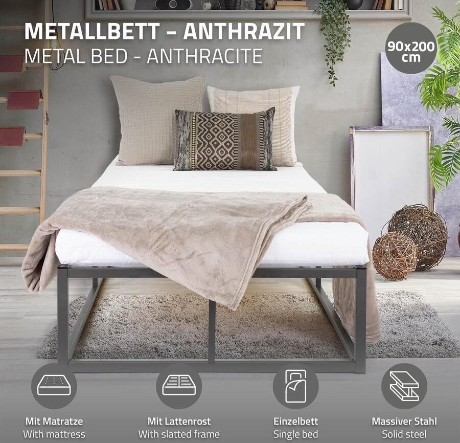 Ml-design Bedframe eenpersoonsbed metalen bed 90x200 cm antraciet incl. matras H-10cm met lattenbodem