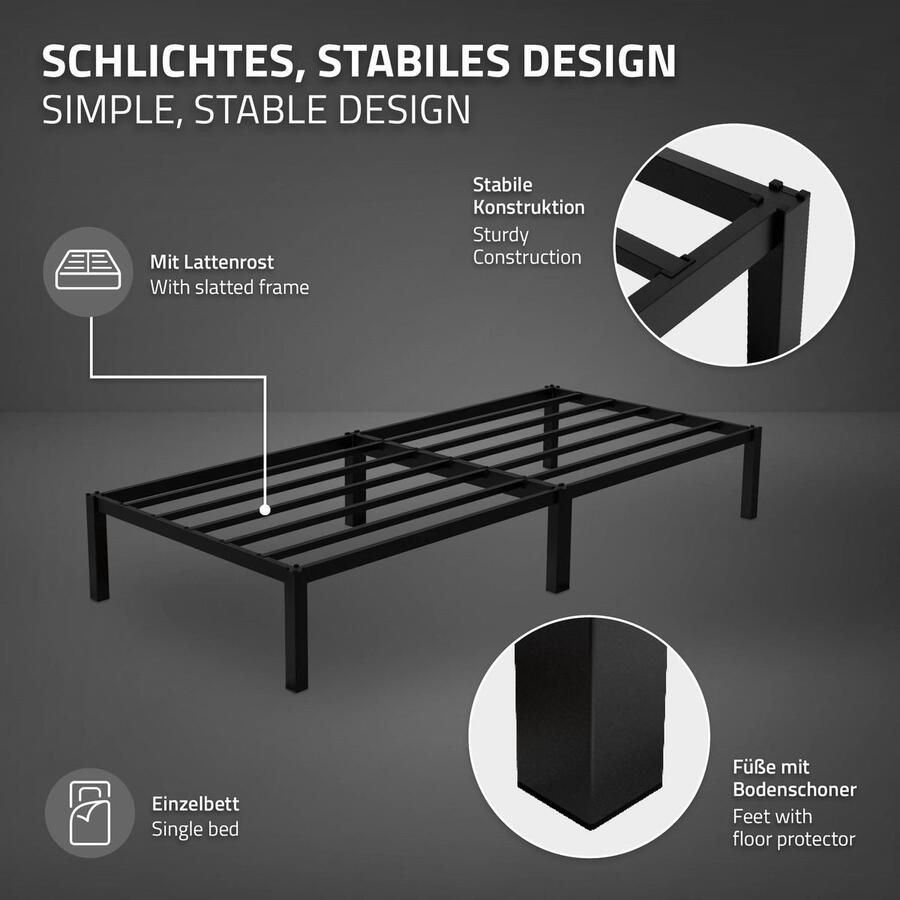 Ml-design Bedframe eenpersoonsbed metalen bed 90x200 cm zwart incl. matras H-16cm met lattenbodem