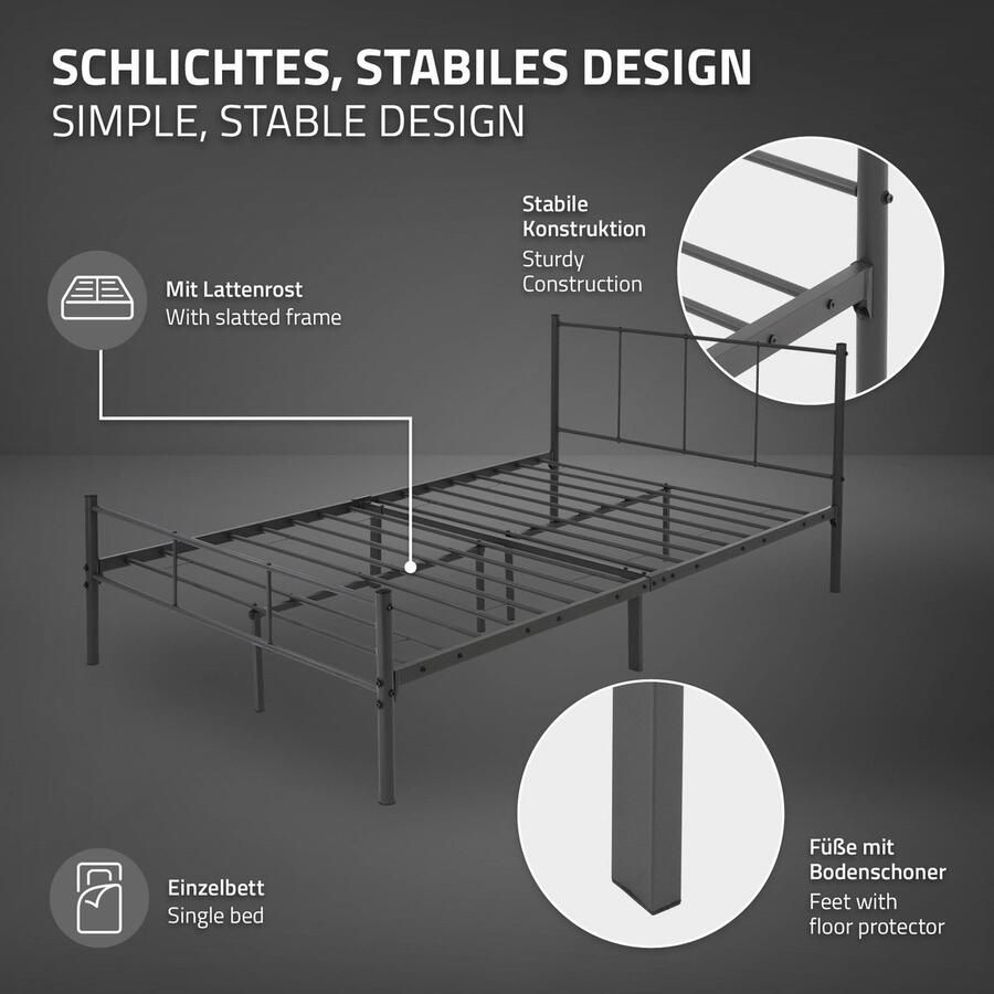 Ml-design Bedframe tweepersoonsbed 120x200 cm van metaal in antraciet met hoofdbord en lattenbodem