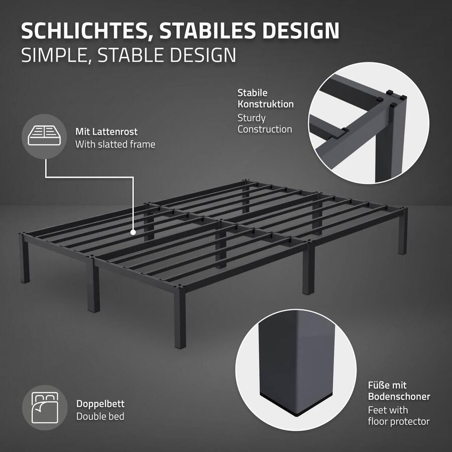 Ml-design Bedframe tweepersoonsbed 140x200 cm van metaal in antraciet met lattenbodem