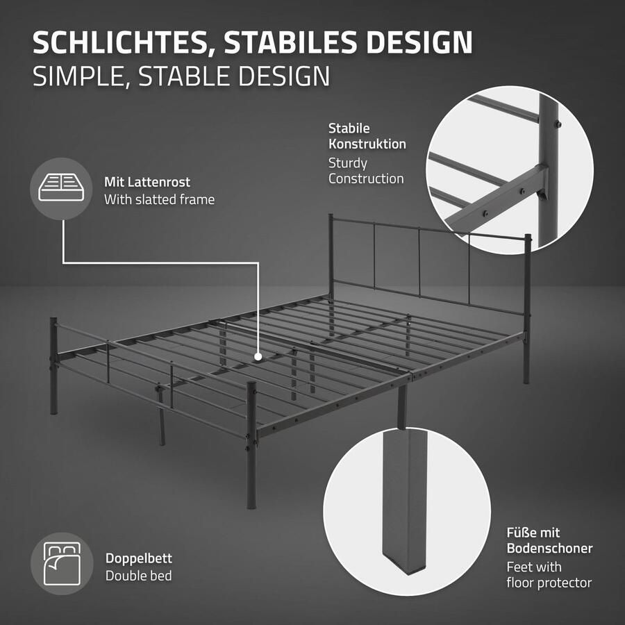 Ml-design Bedframe tweepersoonsbed 160x200 cm van metaal in antraciet met hoofdbord en lattenbodem