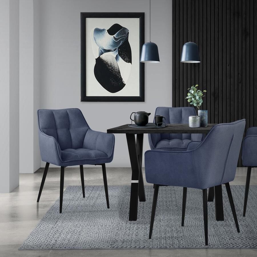 Ml-design eetkamerstoelen in badstof blauw keukenstoel met dikke gestoffeerde zitting en metalen poten woonkamerstoel met rugleuning en armleuningen gestoffeerde stoel ergonomische loungestoel - Foto 2