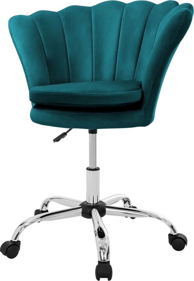 Ml-design Bureaustoel met wielen en rugleuning schelpdesign 68x68 cm petrol fluweel metalen frame
