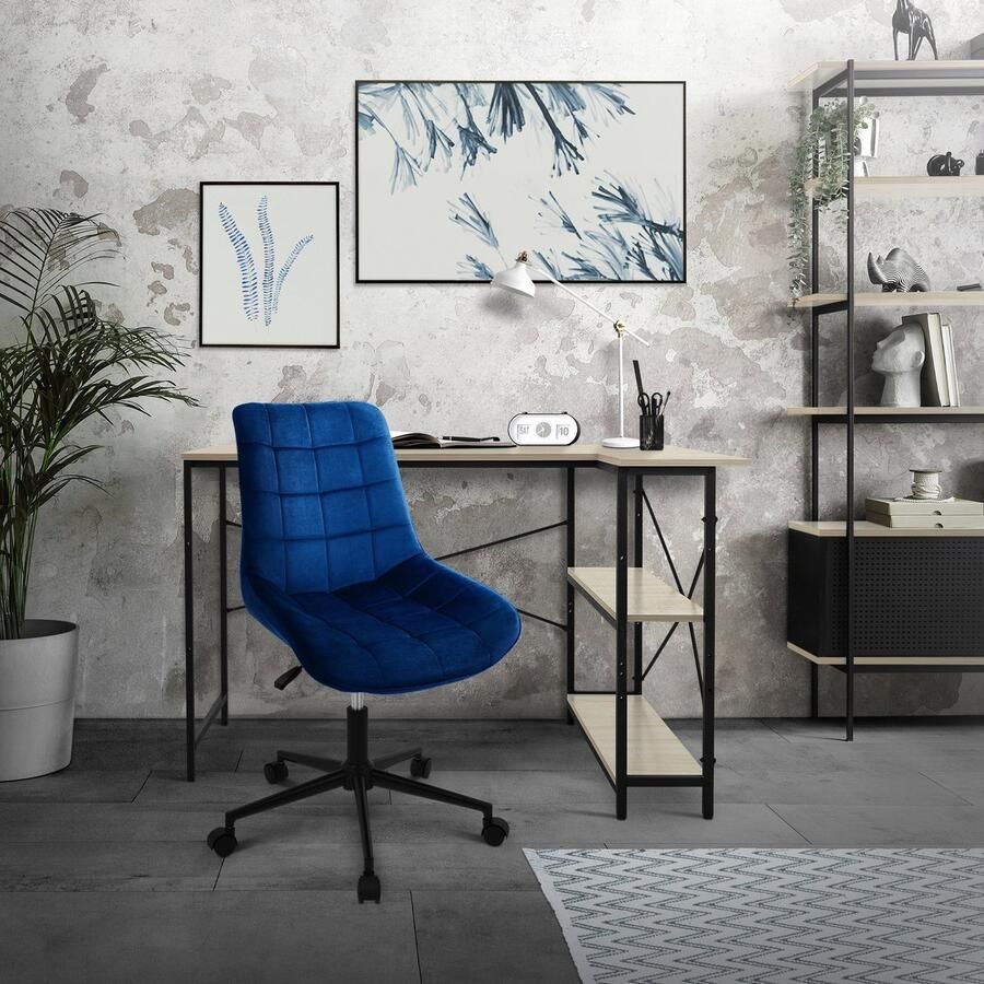 Ml-design Bureaustoel set van 2 op wielen blauw met fluwelen bekleding en metalen frame
