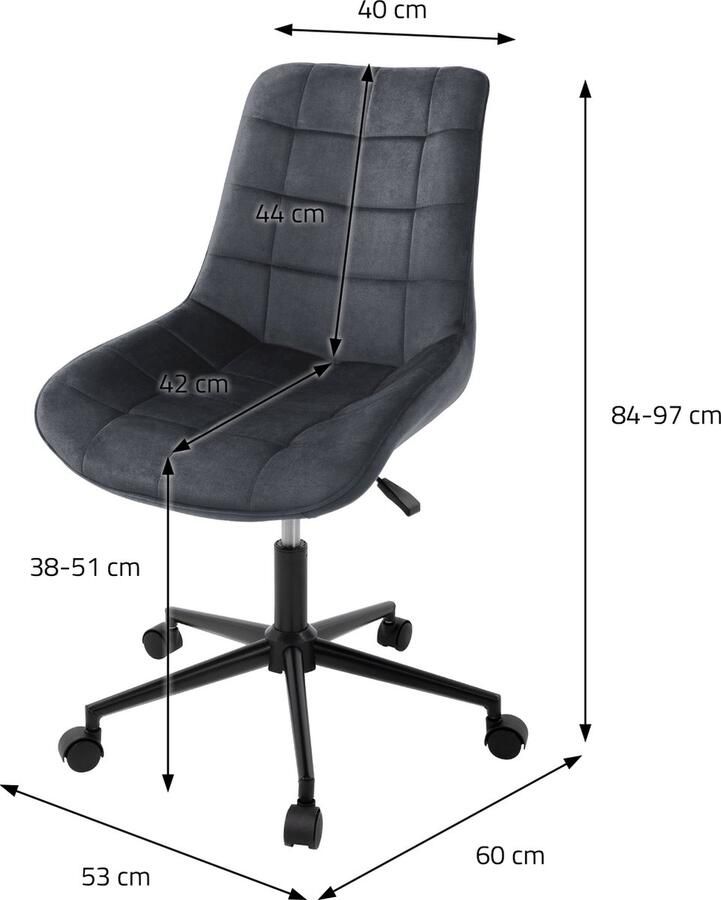 Ml-design Bureaustoel set van 4 op wielen grijs met fluwelen bekleding en metalen frame