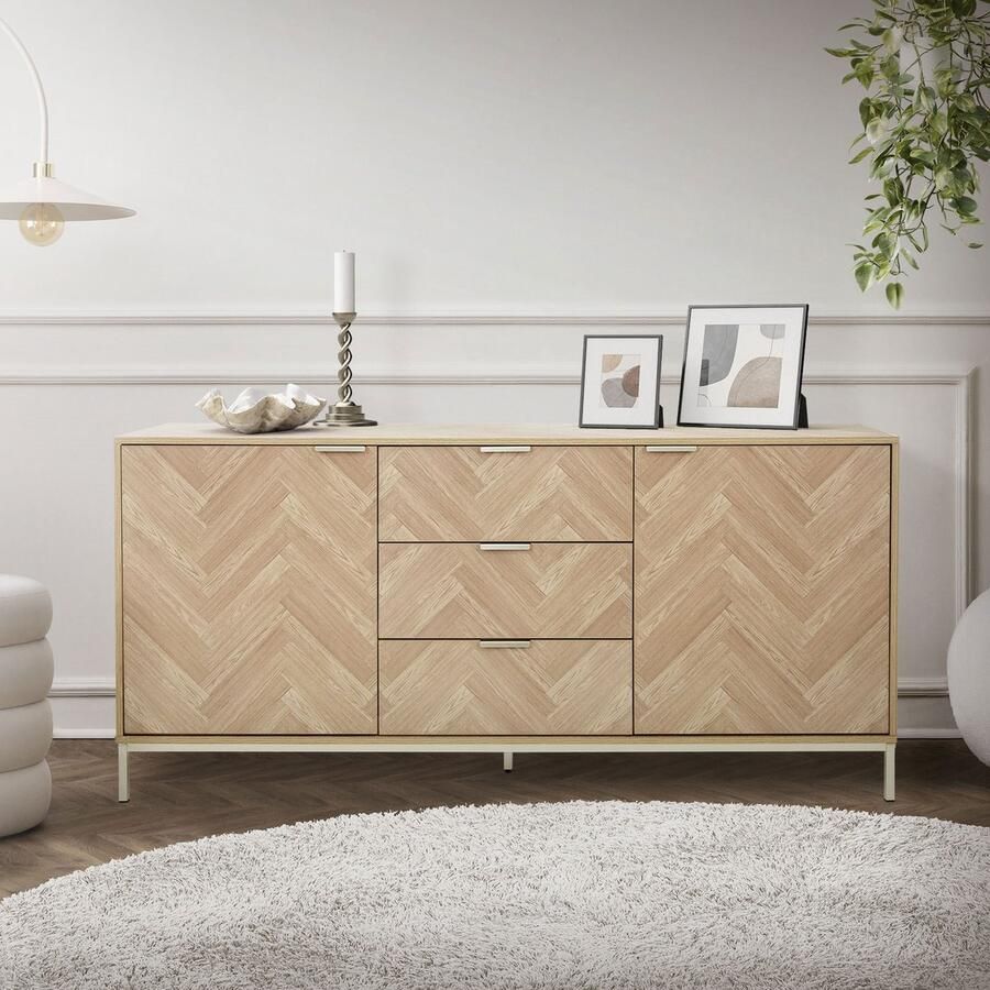 Ml-design Dressoir ladekast 160 cm gemaakt van hout met visgraatmotief eiken look met goudkleurig stalen frame - Foto 2