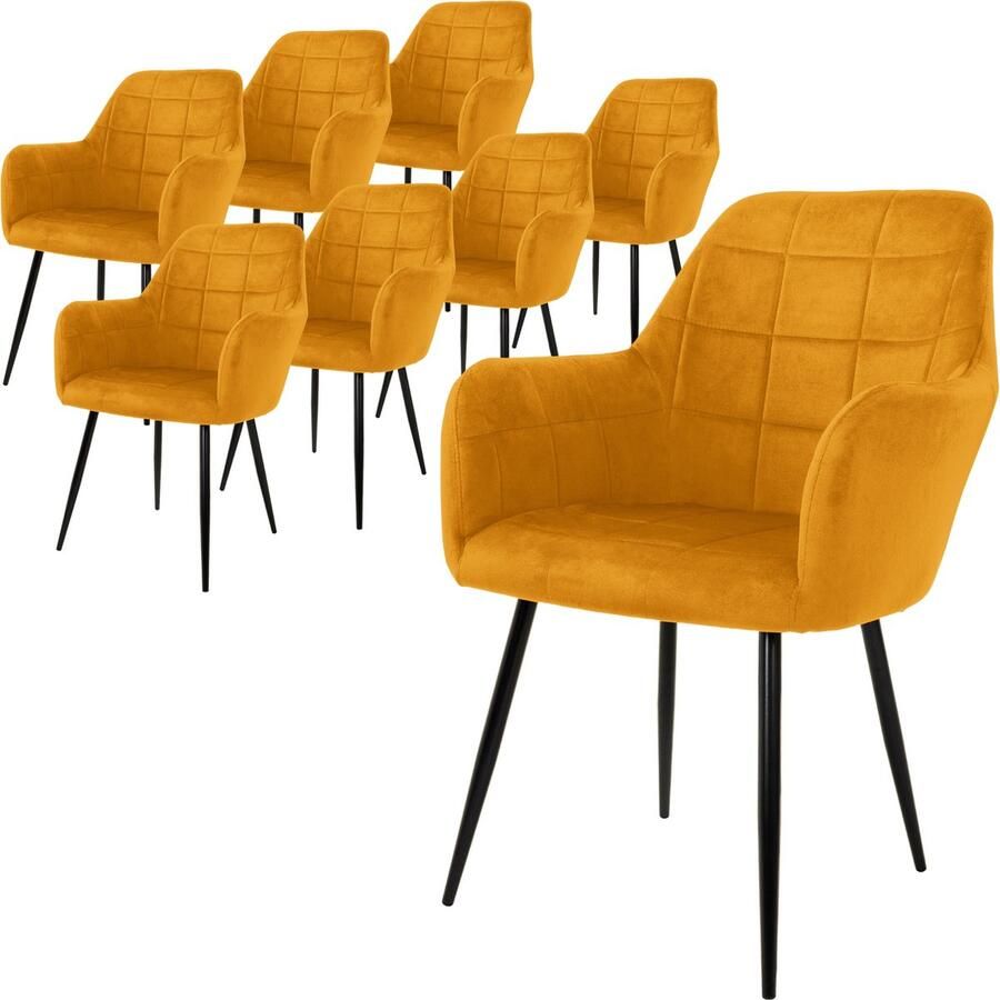 Ml-design ECD Germany Set van 8 eetkamerstoelen met rugleuning en armleuningen oker keukenstoelen met fluwelen bekleding en metalen poten ergonomische stoelen voor eettafel woonkamerstoelen eetkamerstoel