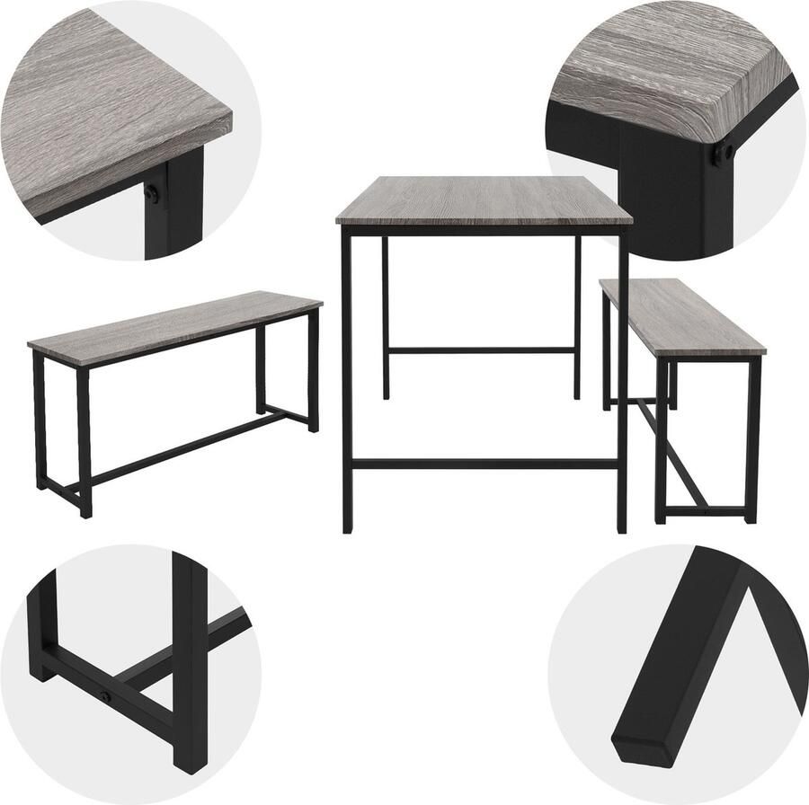 Ml-design Eetkamerset met 2 banken 3-delig met eettafel eiken grijs stalen frame - Foto 2