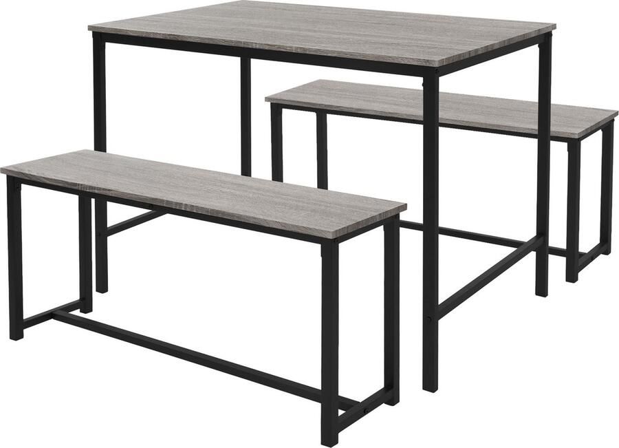 Ml-design Eetkamerset met 2 banken 3-delig met eettafel eiken grijs stalen frame