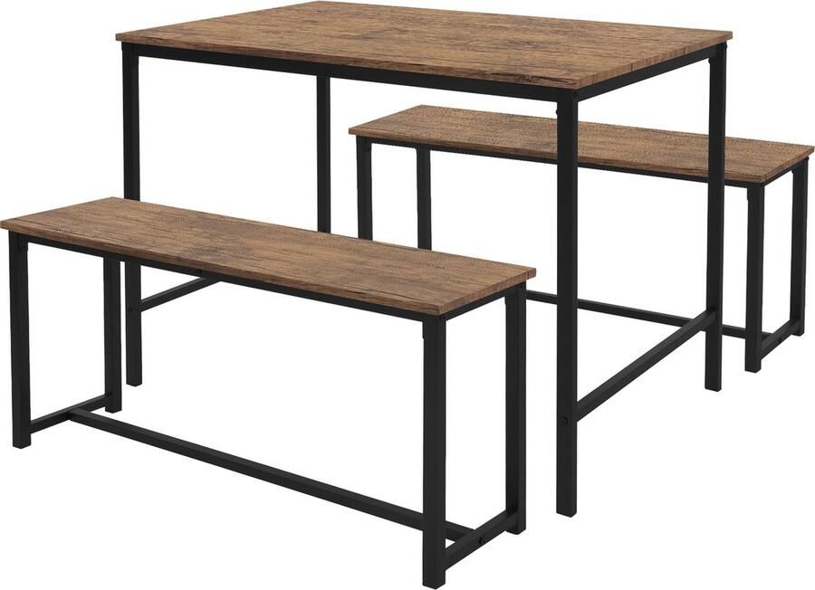 Ml-design Eetkamerset met 2 banken 3-delig met eettafel rustiek eiken stalen frame