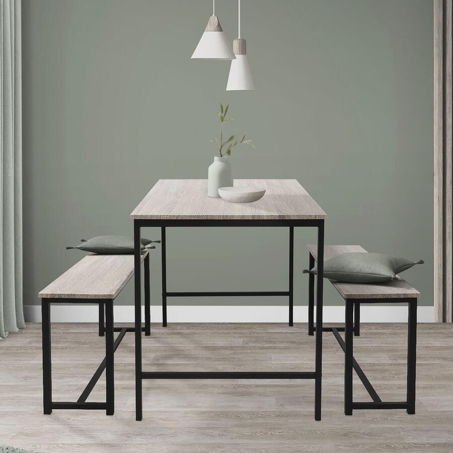 Ml-design Eetkamerset met 2 banken 3-delig met eettafel Sonoma eiken stalen frame - Foto 2