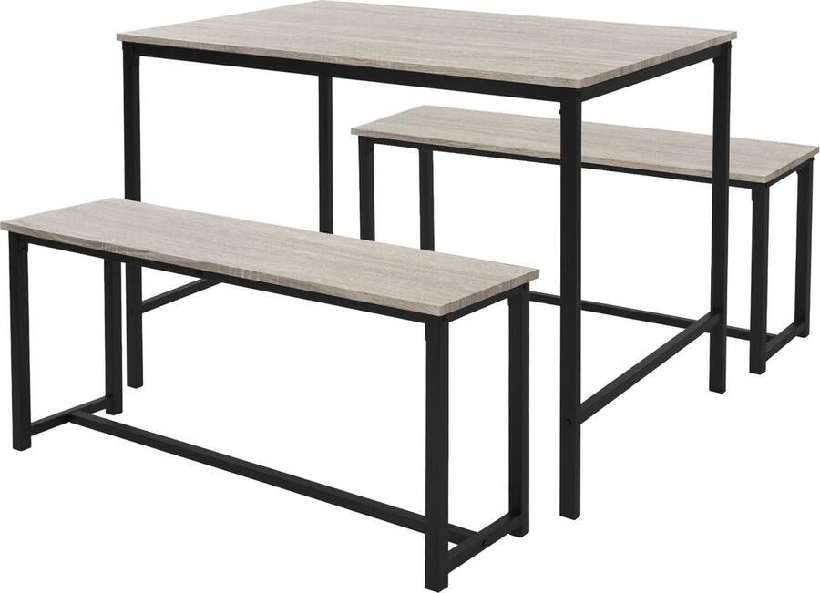 Ml-design Eetkamerset met 2 banken 3-delig met eettafel Sonoma eiken stalen frame