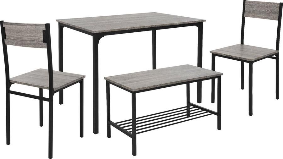 Ml-design Eetkamerset met bank 4-delig met eettafel en stoelen eiken grijs stalen frame